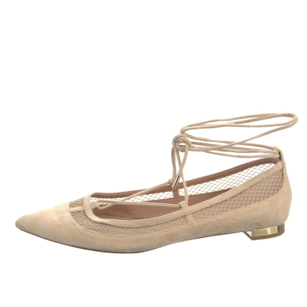 Aquazzura Dalia Pointed Toe Wrap Around Ballet Flats Cream Suede Mesh Sz 37 - Picture 2 of 14
